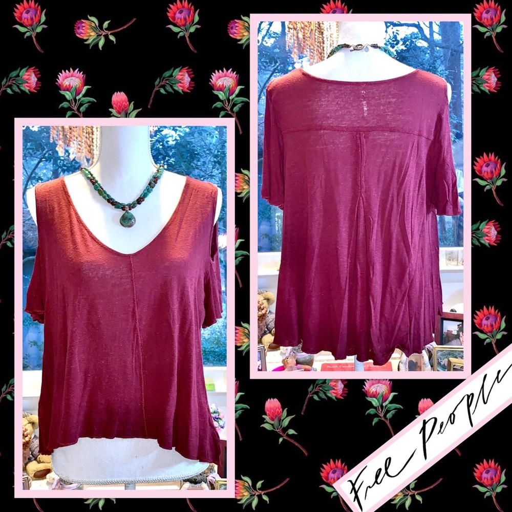 Free People Bittersweet Tee with Shoulder Cutouts EUC in Wine / Burgundy - Picture 5 of 12